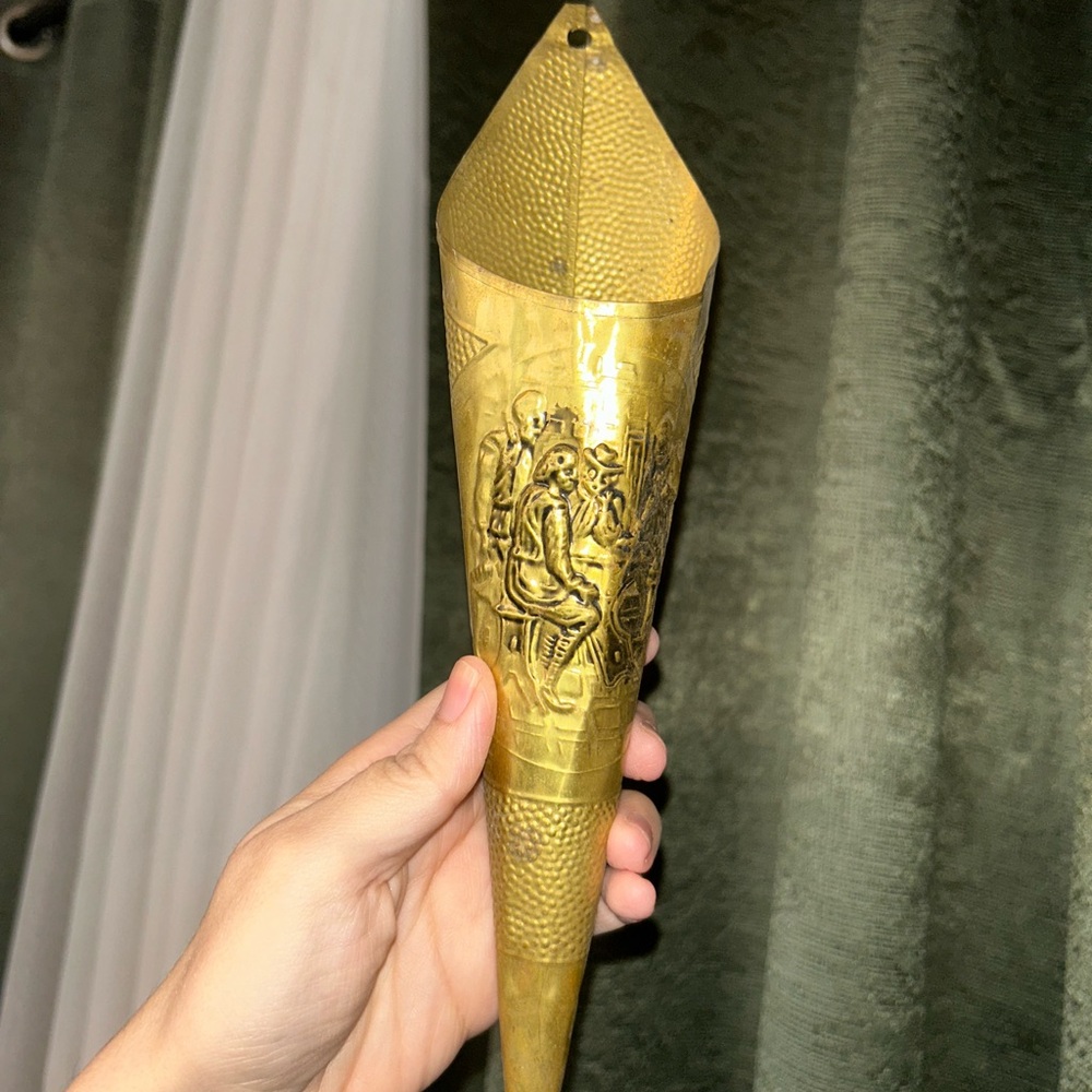 Vintage Brass Cone Matchstick Holder: Wall Vase Pocket